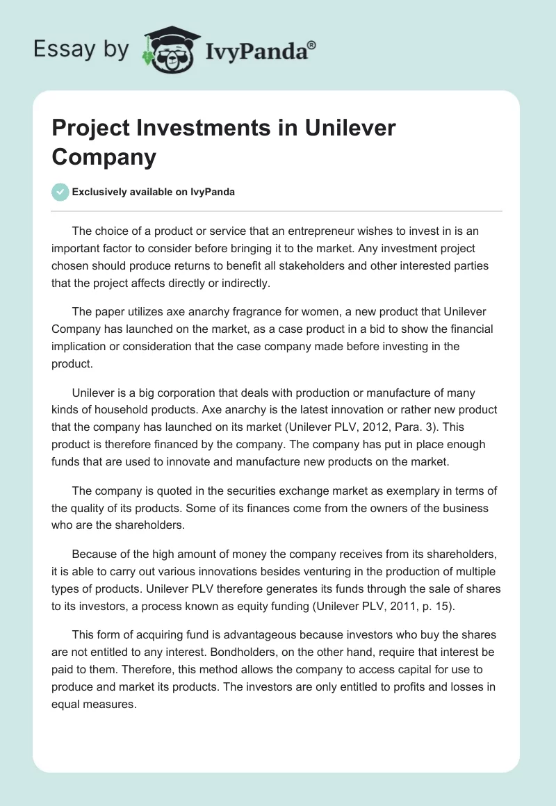 Project Investments in Unilever Company. Page 1