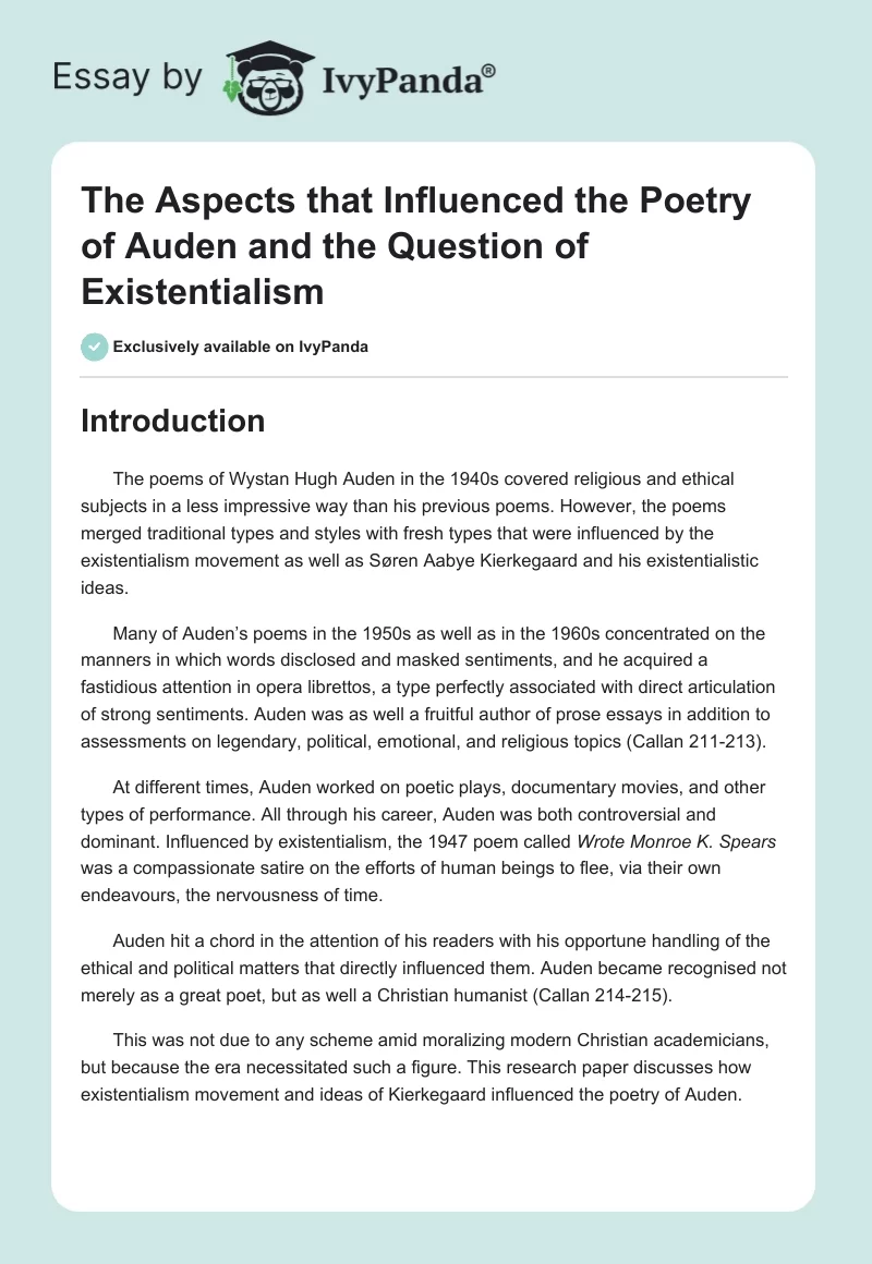 The Aspects that Influenced the Poetry of Auden and the Question of Existentialism. Page 1