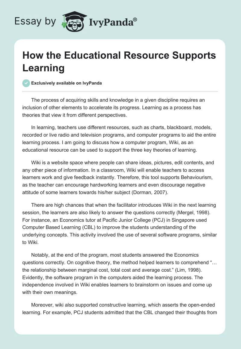 How the Educational Resource Supports Learning. Page 1