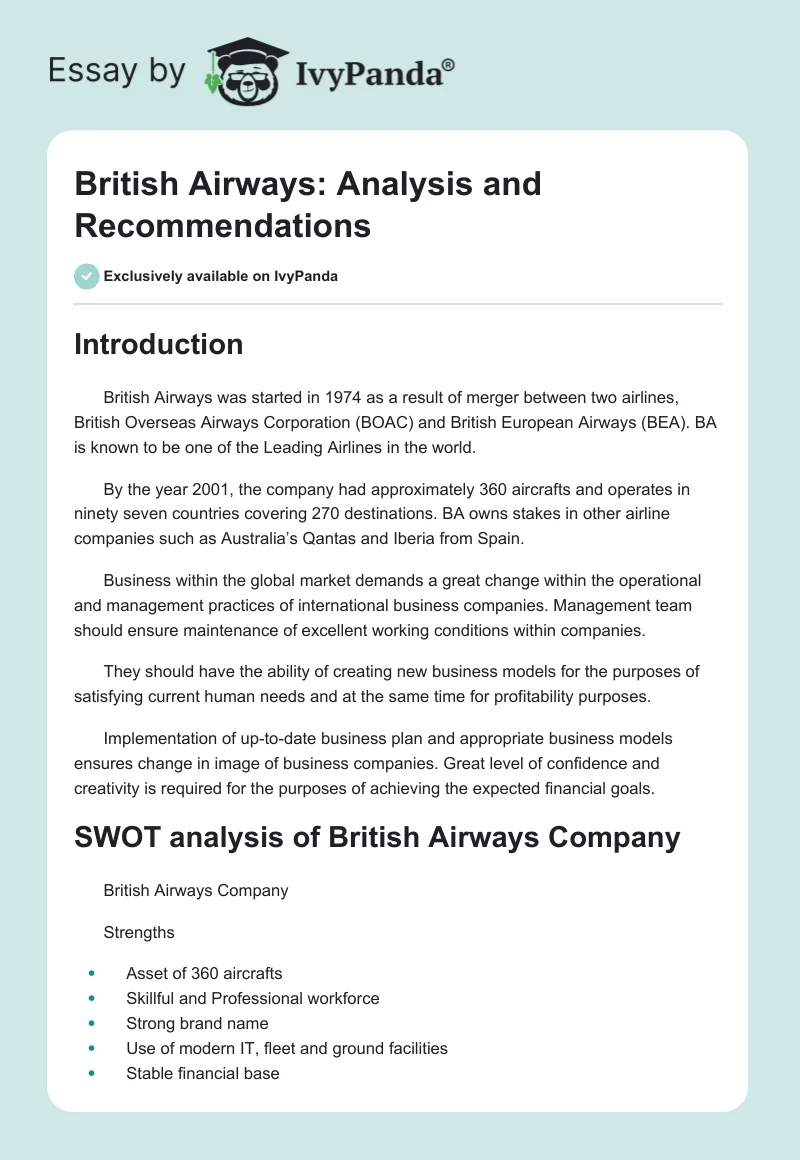 British Airways: Analysis and Recommendations. Page 1