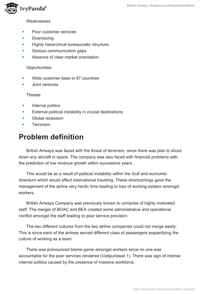 British Airways: Analysis and Recommendations. Page 2