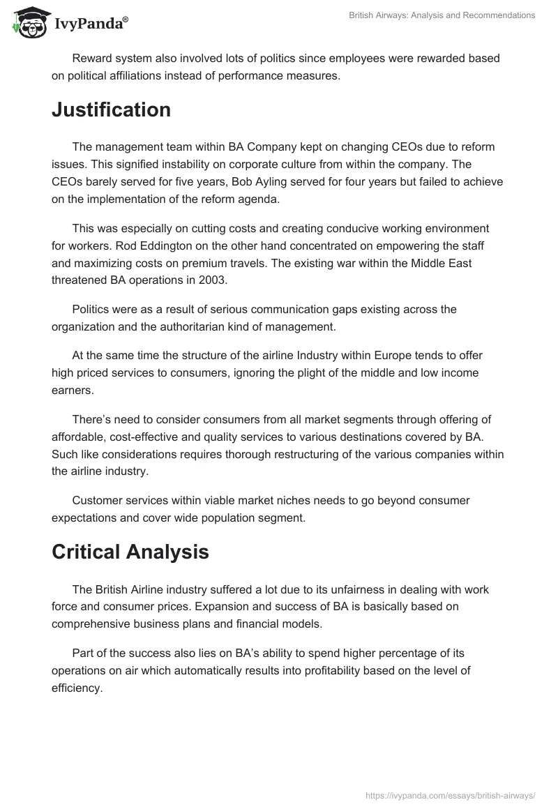 British Airways: Analysis and Recommendations. Page 3