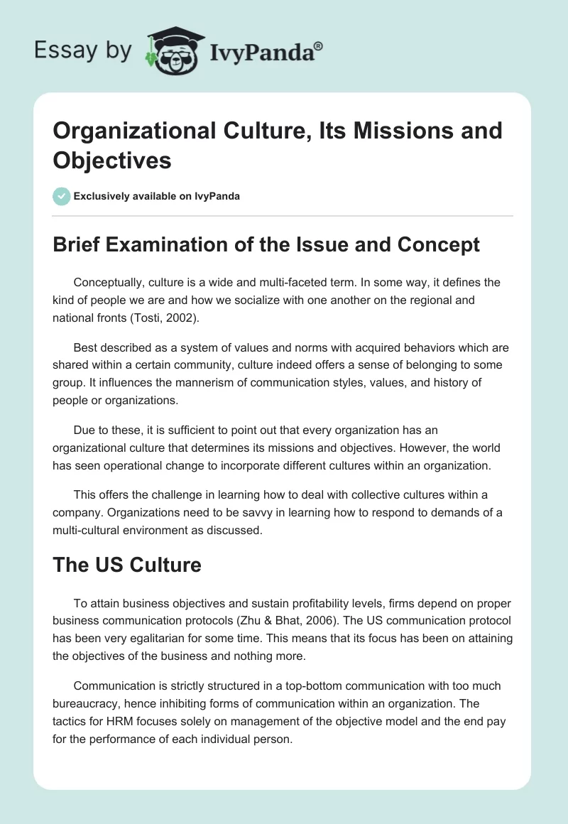 Organizational Culture, Its Missions and Objectives. Page 1