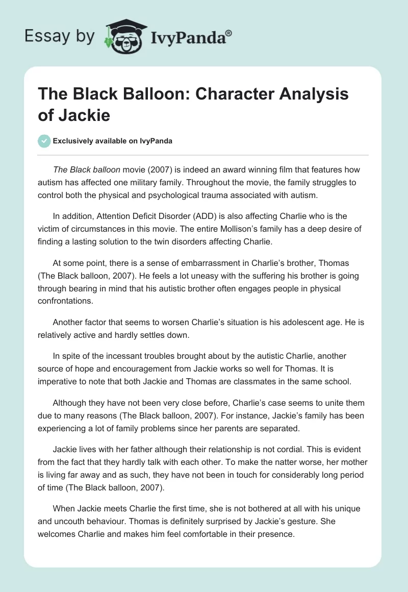 The Black Balloon: Character Analysis of Jackie. Page 1