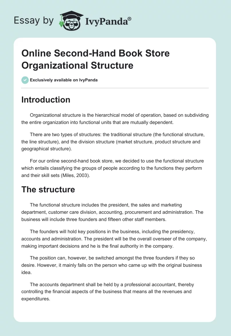 Online Second-Hand Book Store Organizational Structure. Page 1