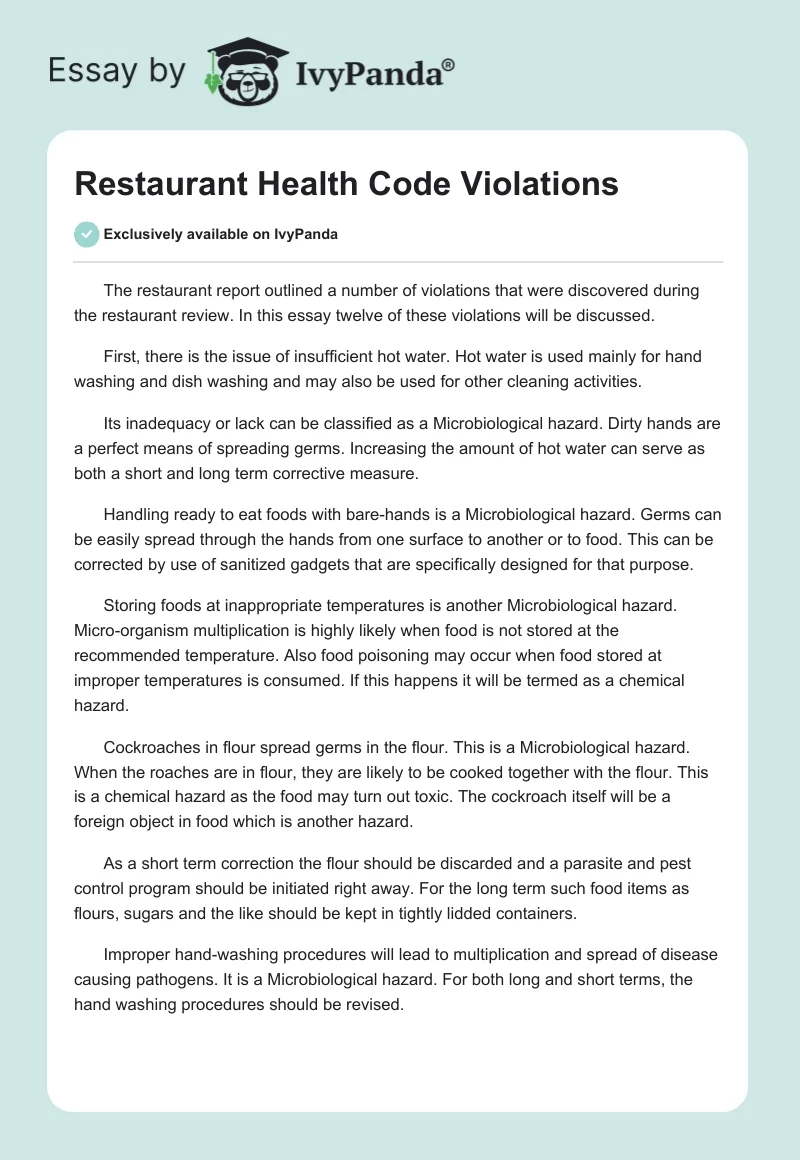 Restaurant Health Code Violations. Page 1