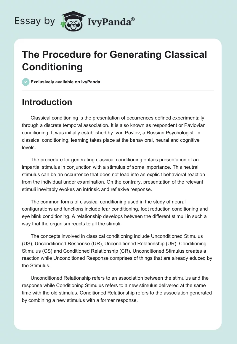 The Procedure for Generating Classical Conditioning. Page 1