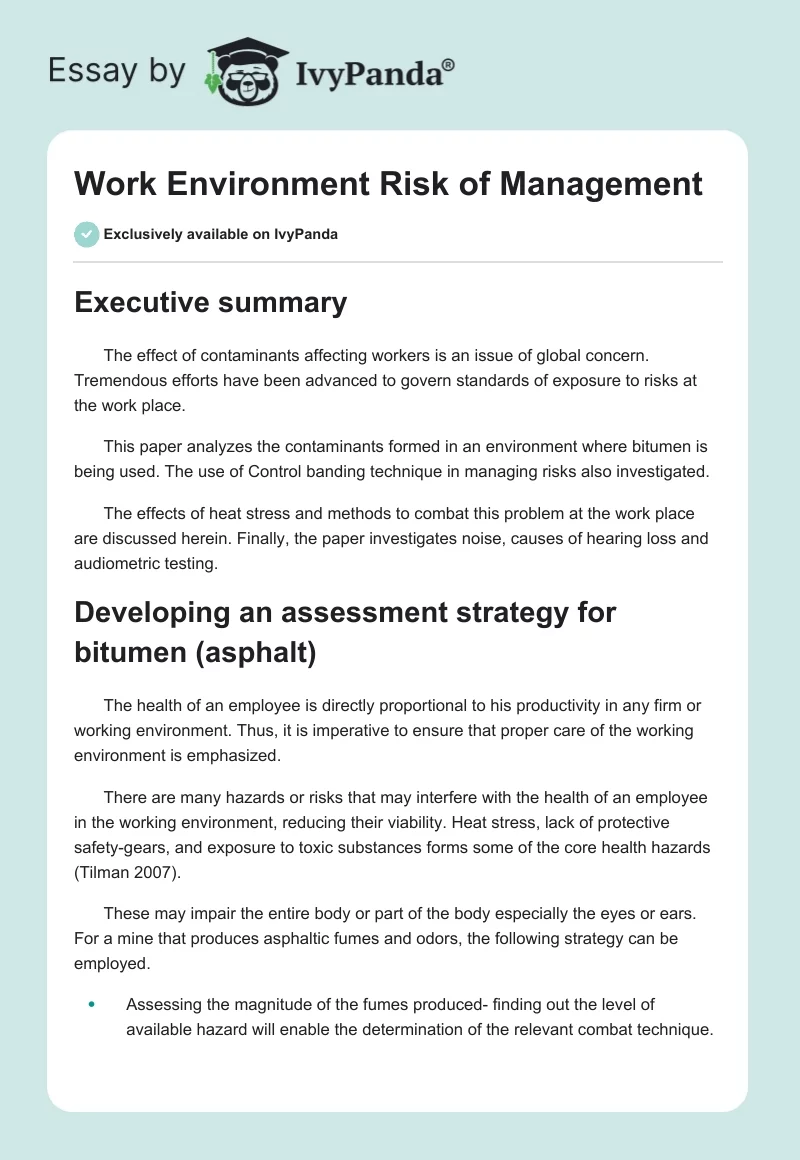 Work Environment Risk of Management. Page 1