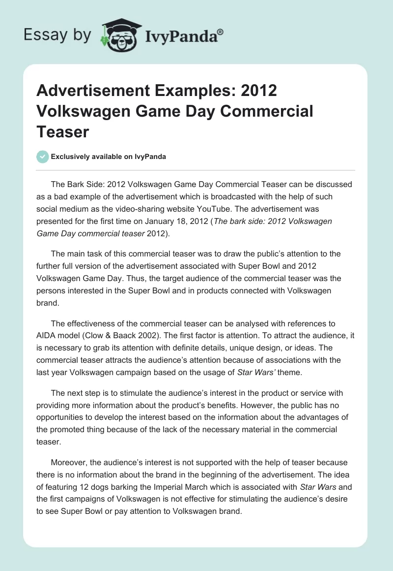 Advertisement Examples: 2012 Volkswagen Game Day Commercial Teaser. Page 1