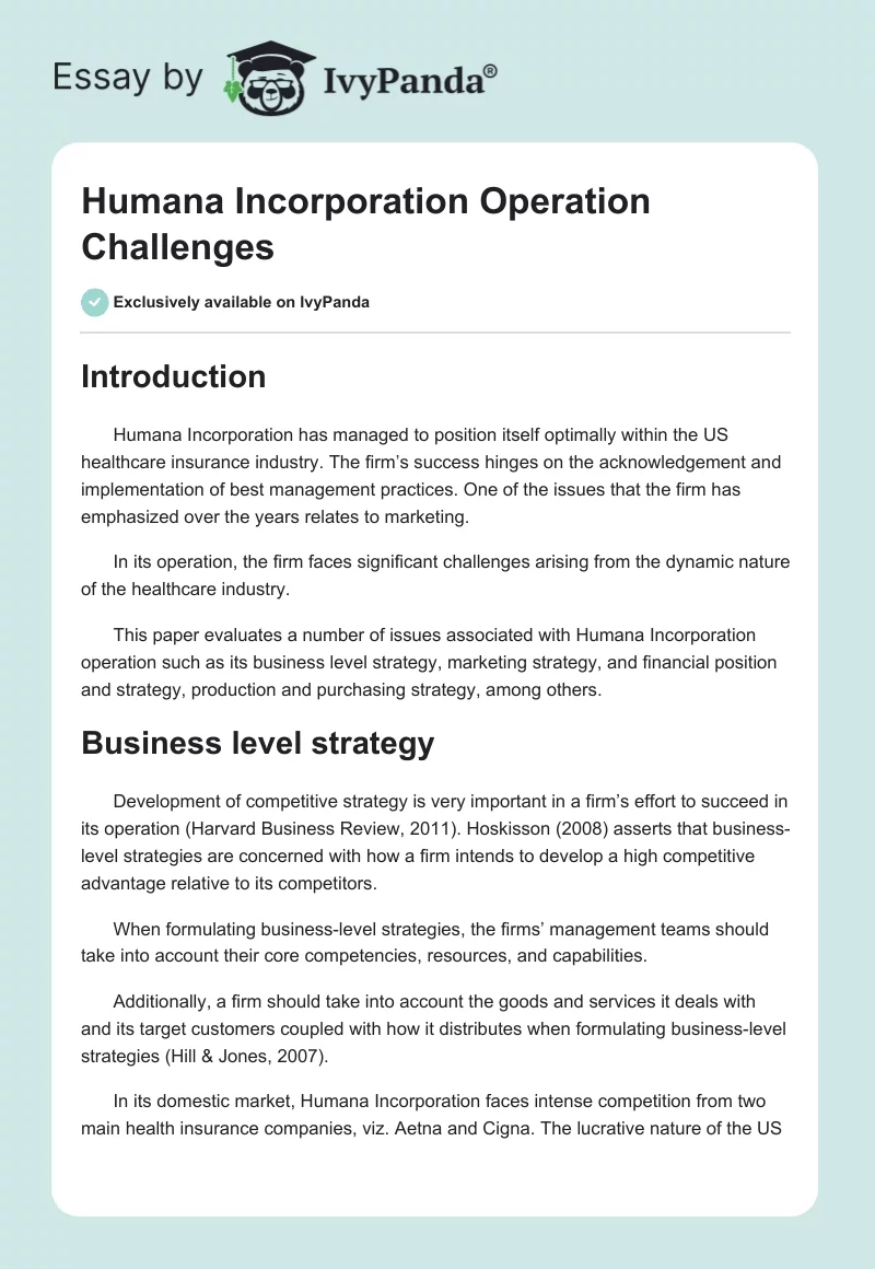 Humana Incorporation Operation Challenges. Page 1