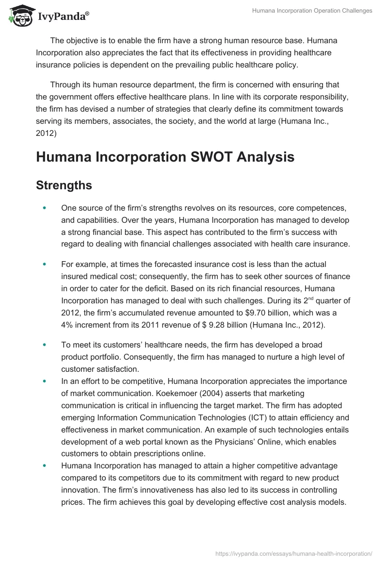 Humana Incorporation Operation Challenges. Page 4