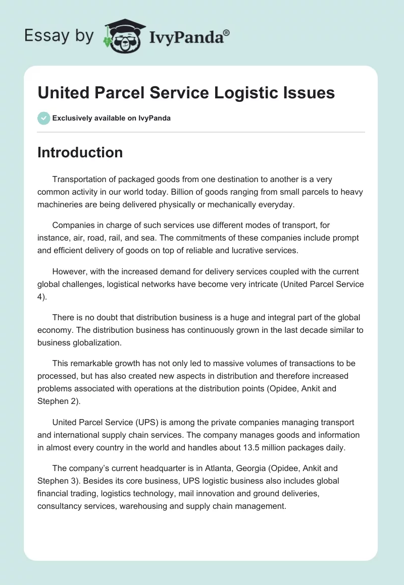 United Parcel Service Logistic Issues. Page 1