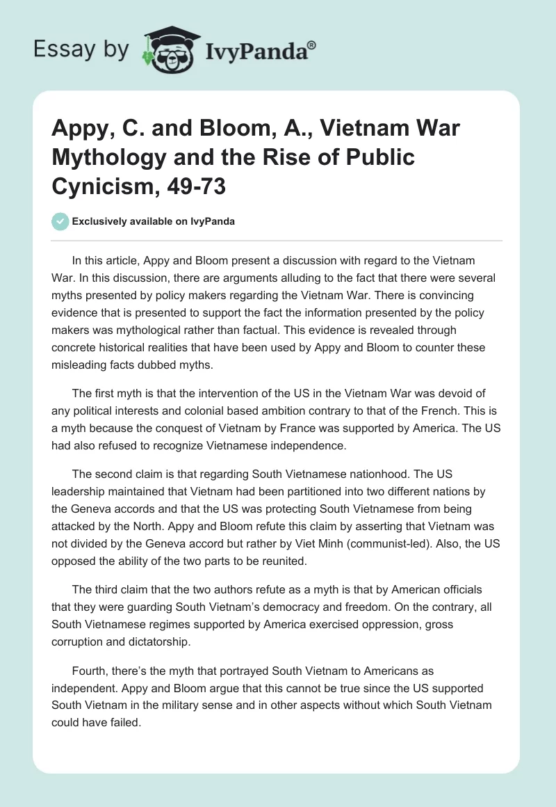 Appy, C. and Bloom, A., Vietnam War Mythology and the Rise of Public Cynicism, 49-73. Page 1