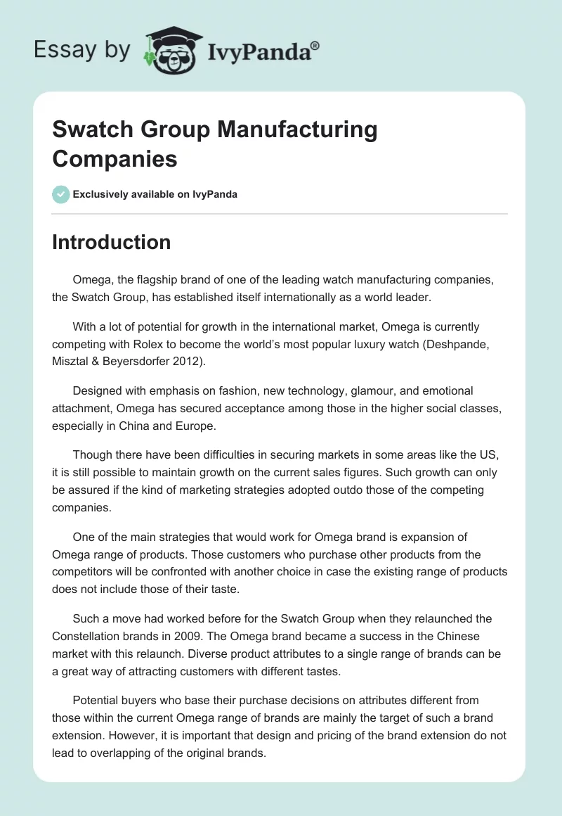Swatch Group Manufacturing Companies. Page 1