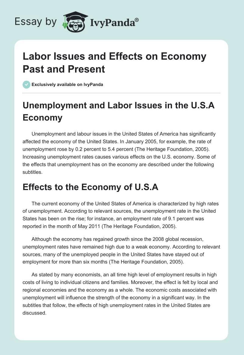 Labor Issues and Effects on Economy Past and Present. Page 1