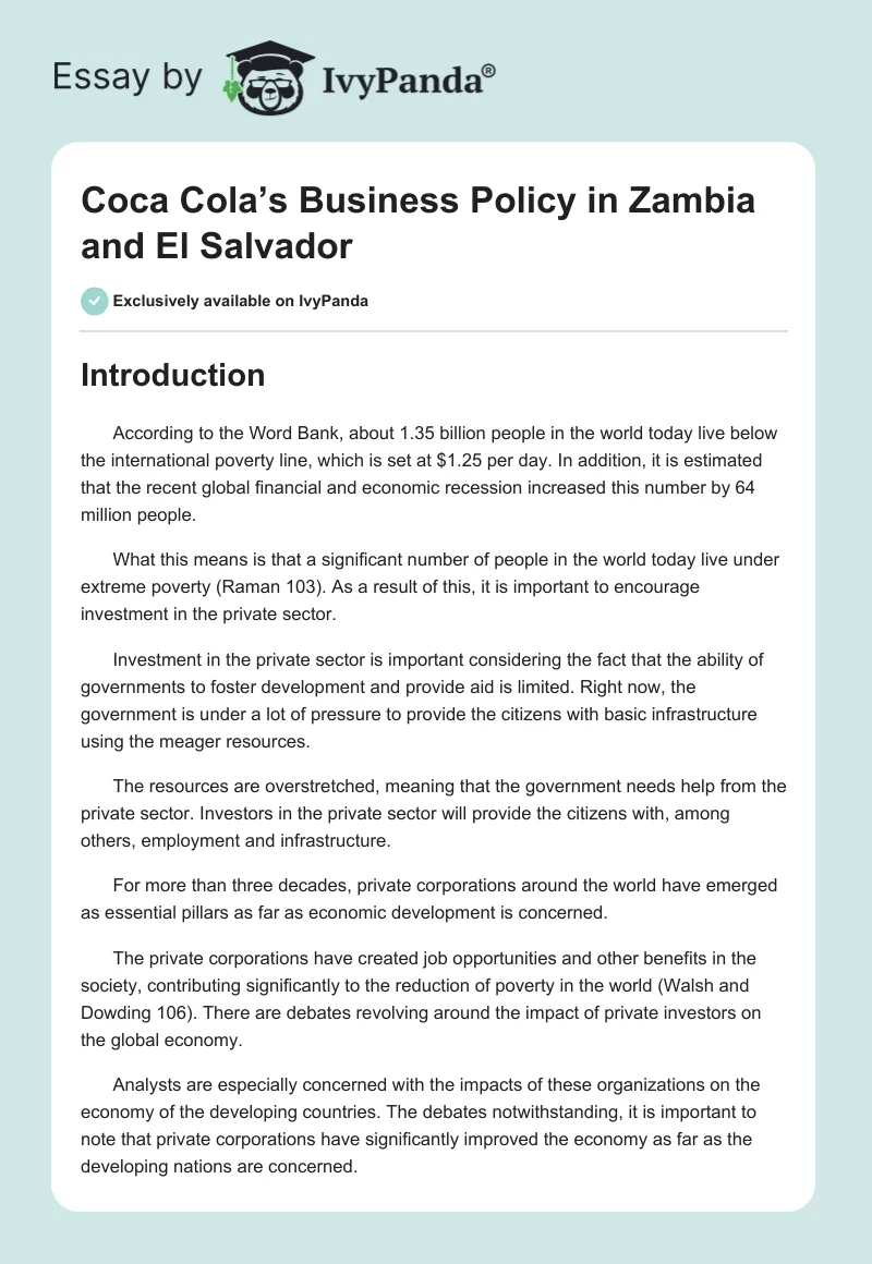 Coca Cola’s Business Policy in Zambia and El Salvador. Page 1