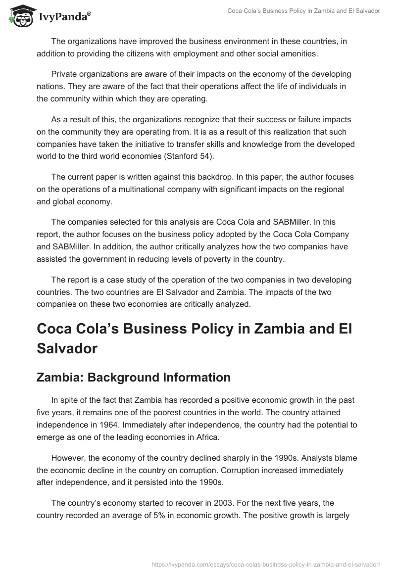 Coca Cola’s Business Policy in Zambia and El Salvador. Page 2