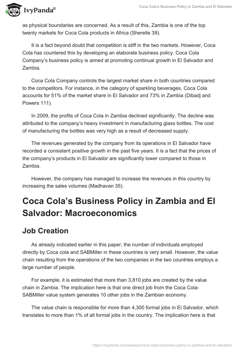 Coca Cola’s Business Policy in Zambia and El Salvador. Page 5