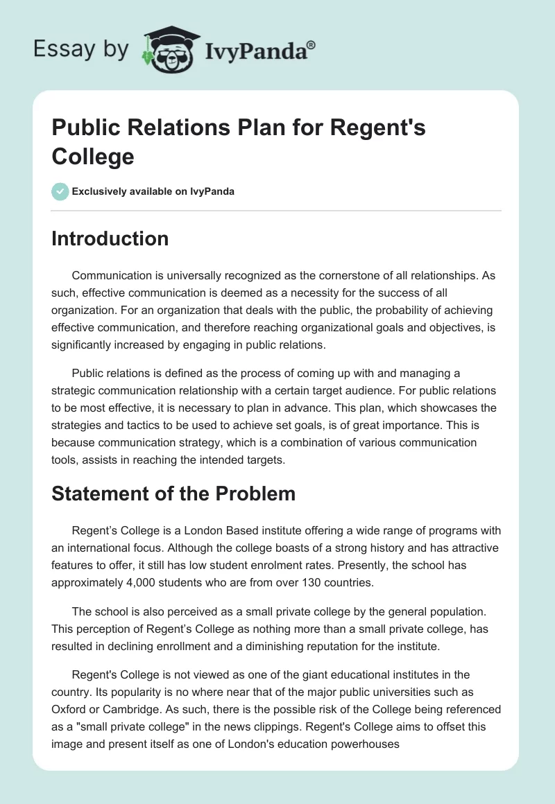 Public Relations Plan for Regent's College. Page 1