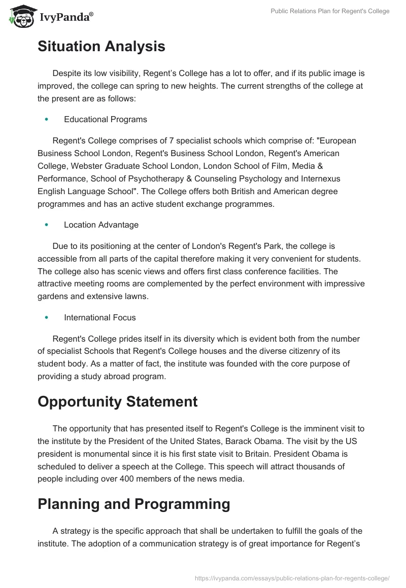 Public Relations Plan for Regent's College. Page 2