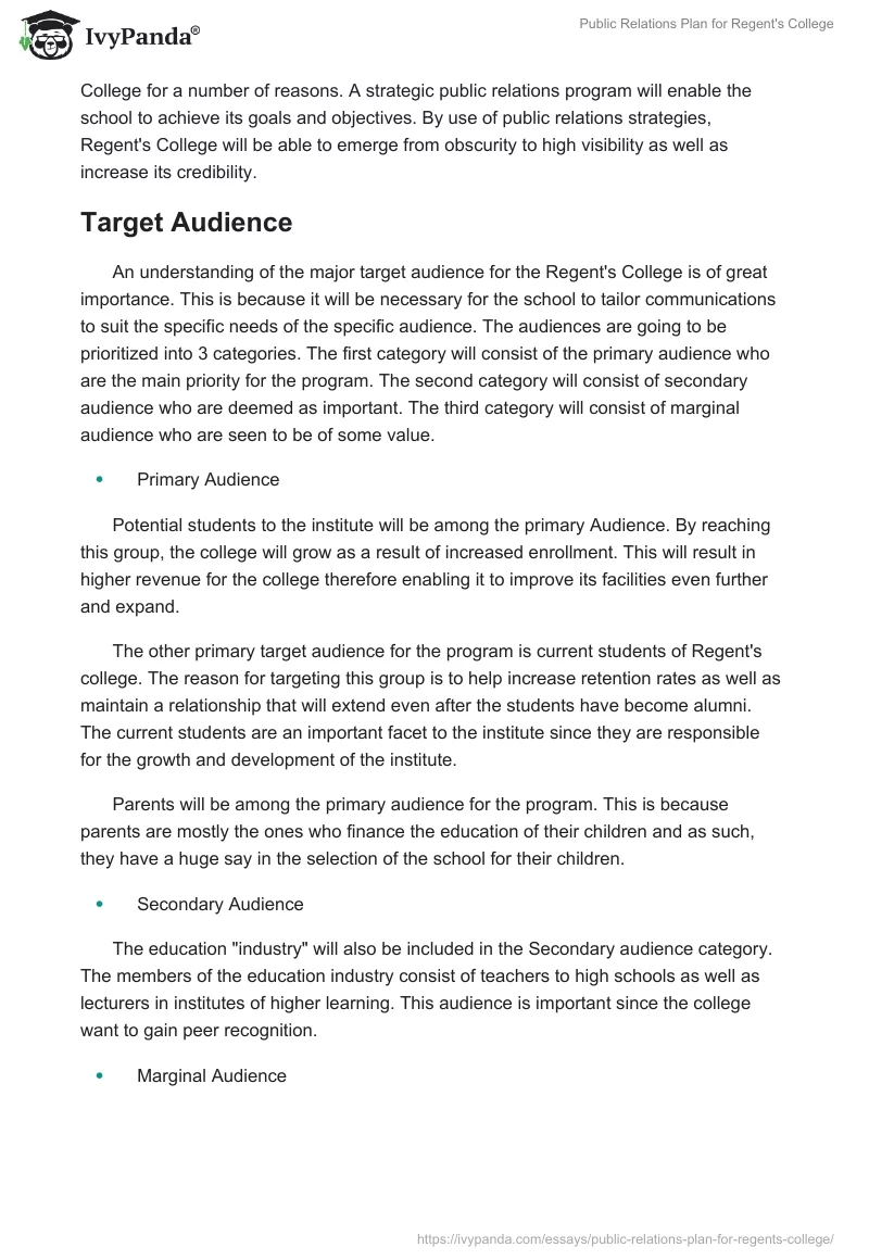 Public Relations Plan for Regent's College. Page 3