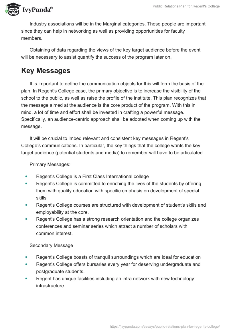 Public Relations Plan for Regent's College. Page 4