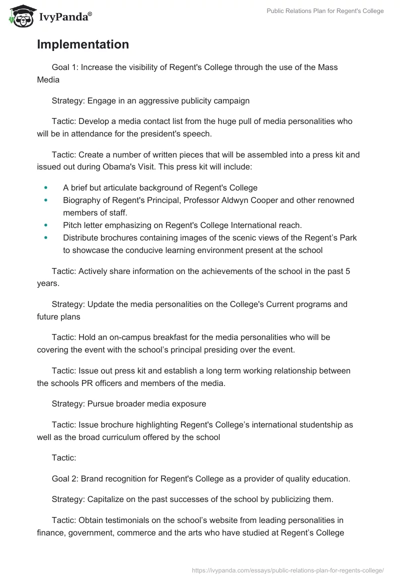 Public Relations Plan for Regent's College. Page 5