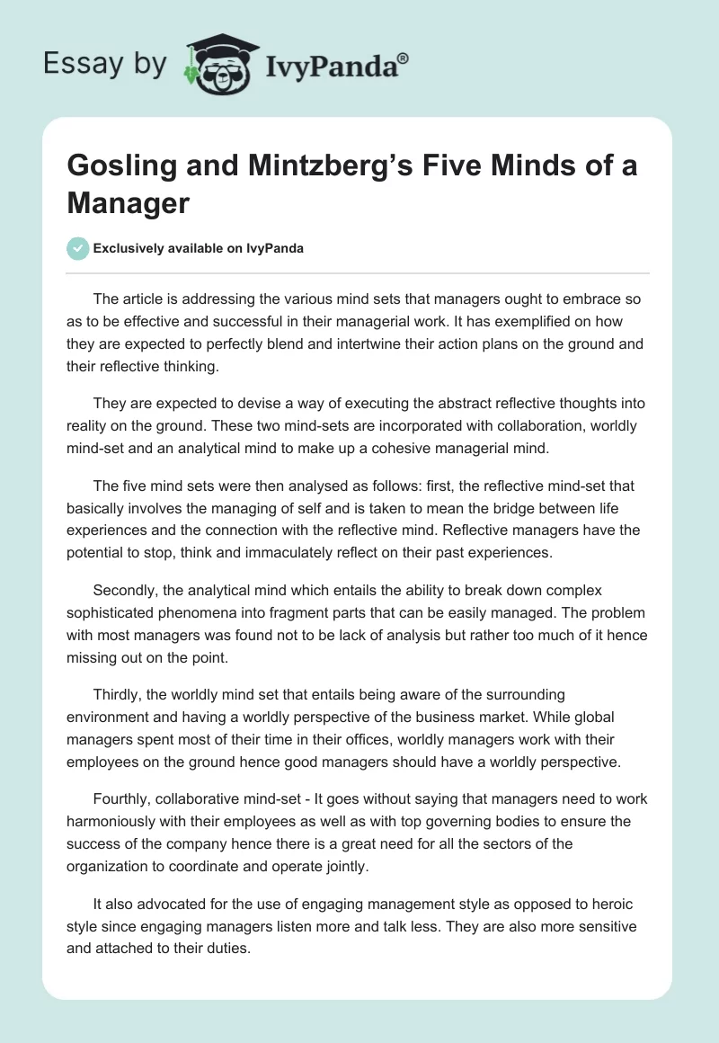 Gosling and Mintzberg’s Five Minds of a Manager. Page 1