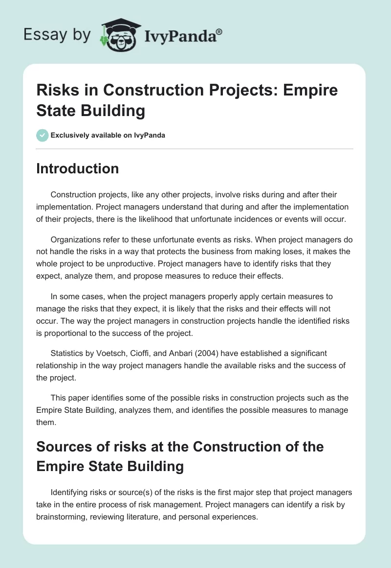 Risks in Construction Projects: Empire State Building. Page 1