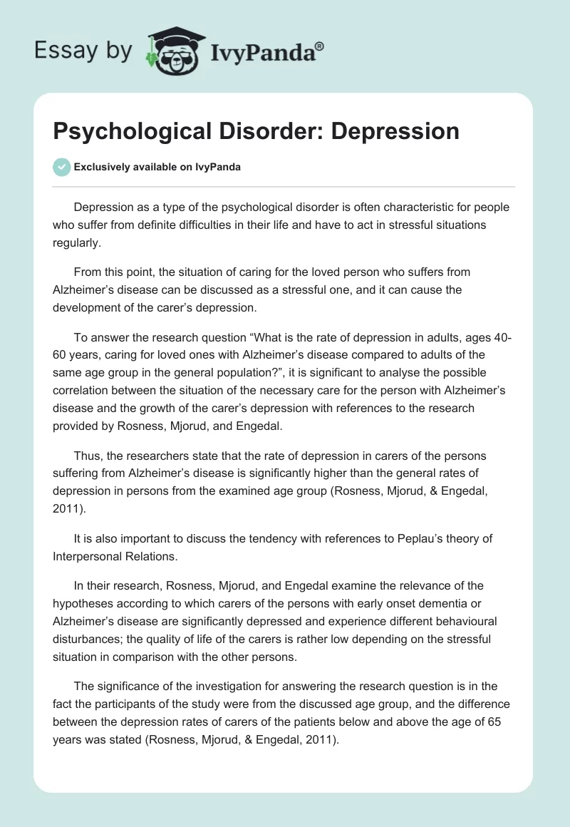 Psychological Disorder: Depression. Page 1