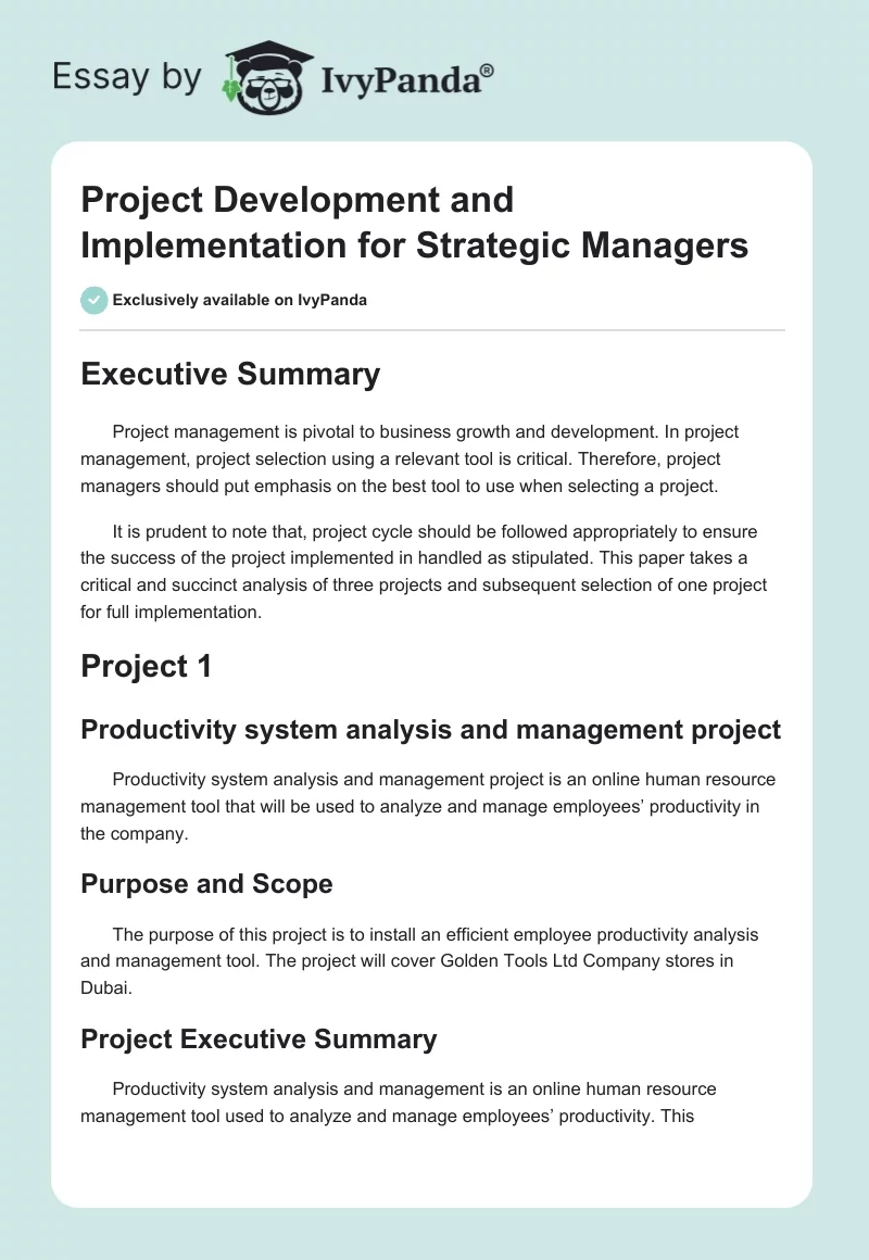 Project Development and Implementation for Strategic Managers. Page 1