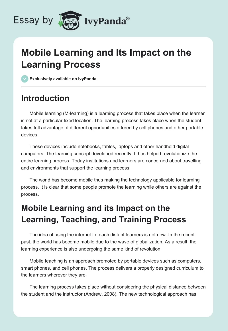 Mobile Learning and Its Impact on the Learning Process. Page 1