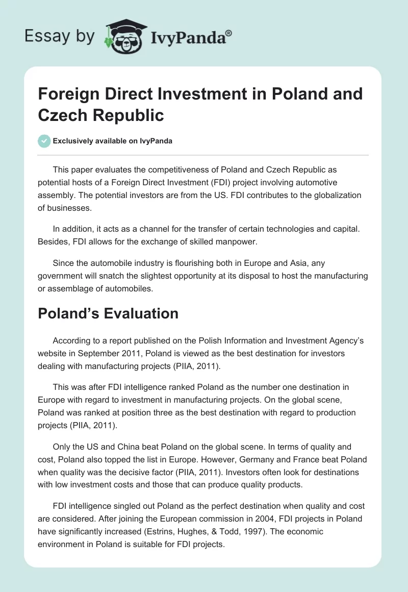 Foreign Direct Investment in Poland and Czech Republic. Page 1