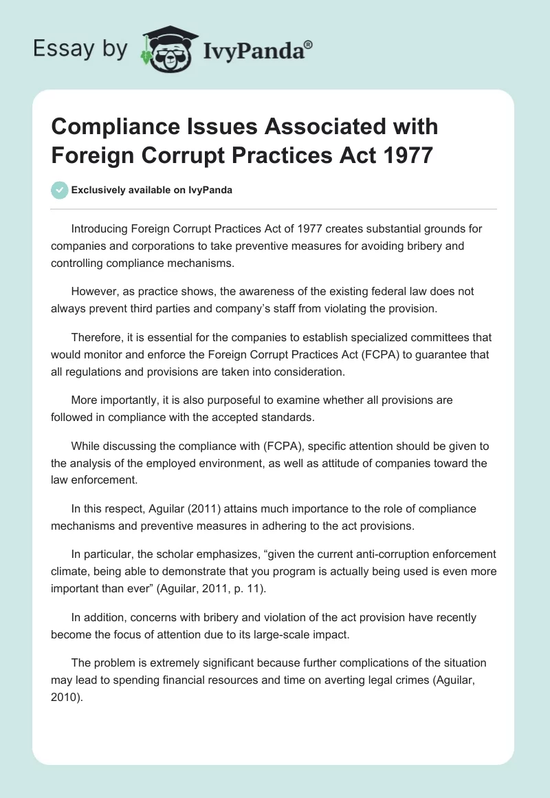 Compliance Issues Associated with Foreign Corrupt Practices Act 1977. Page 1