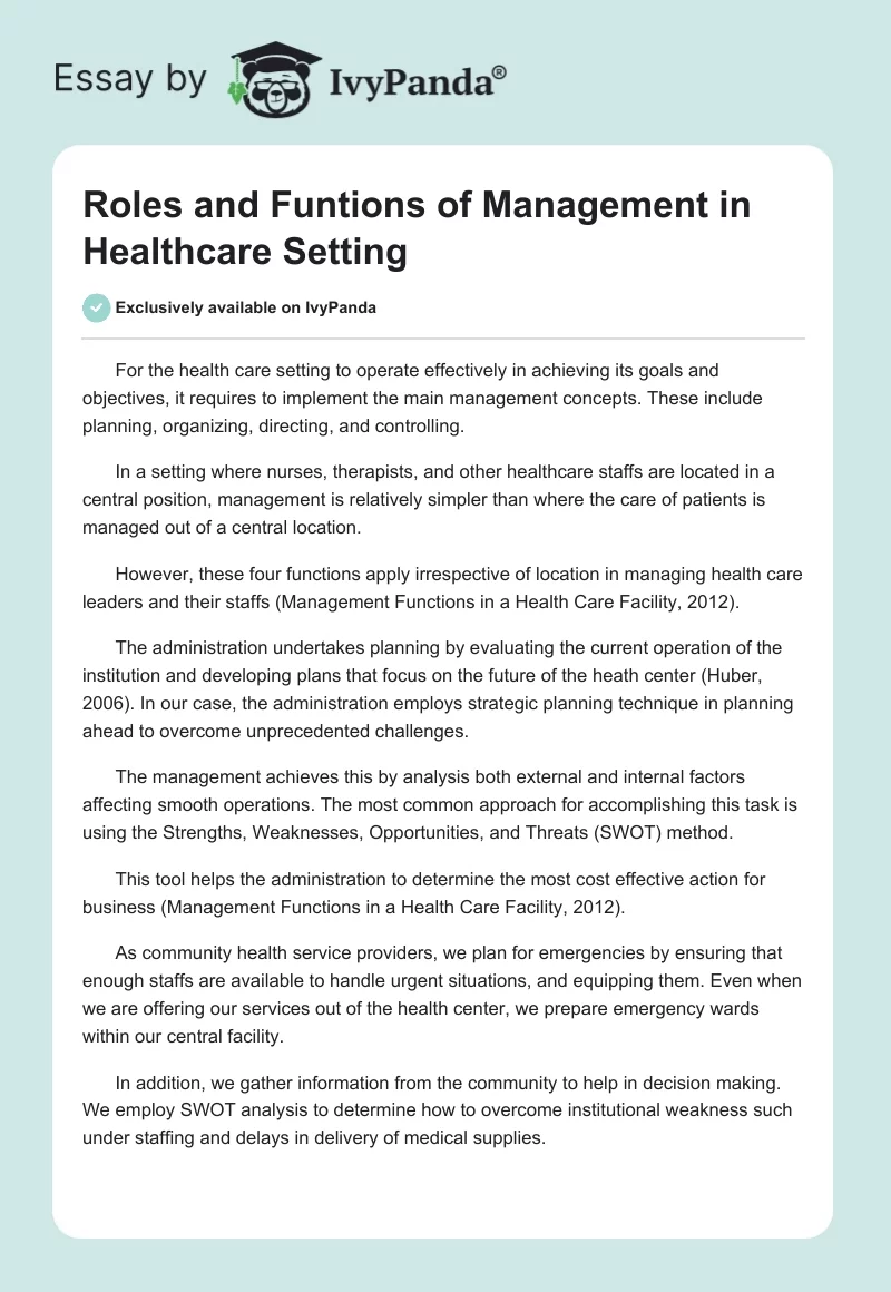 Roles and Funtions of Management in Healthcare Setting. Page 1