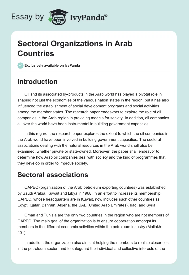 Sectoral Organizations in Arab Countries. Page 1