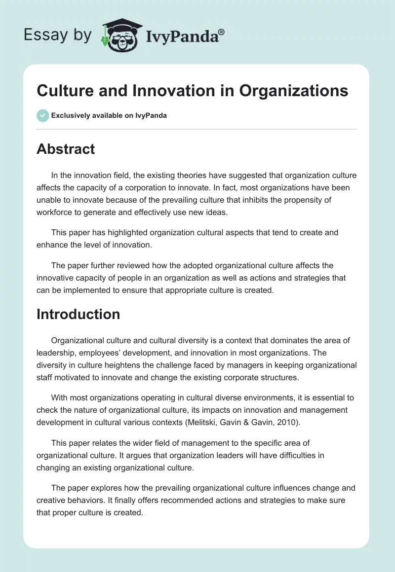 Culture and Innovation in Organizations. Page 1