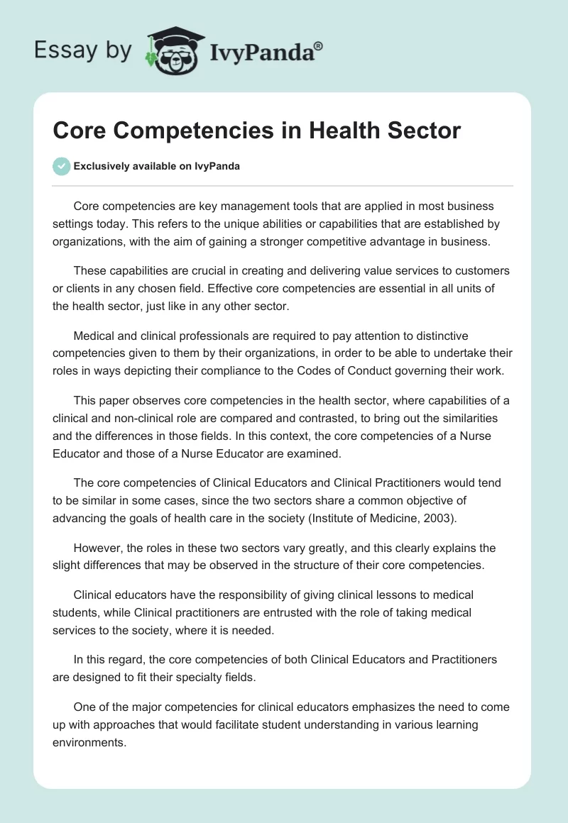 Core Competencies in Health Sector. Page 1