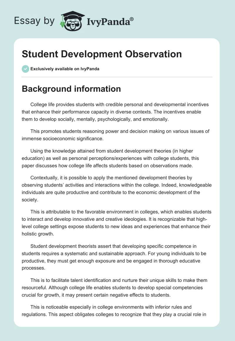 Student Development Observation. Page 1