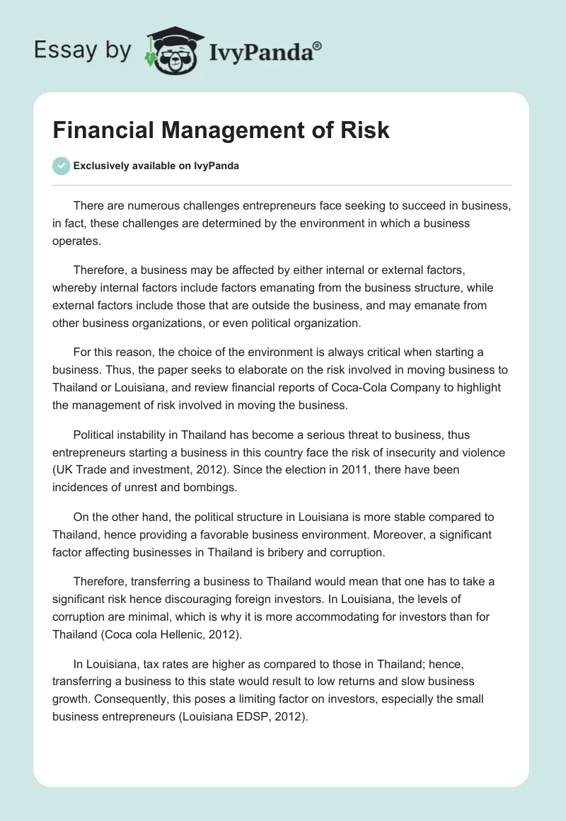 Financial Management of Risk. Page 1