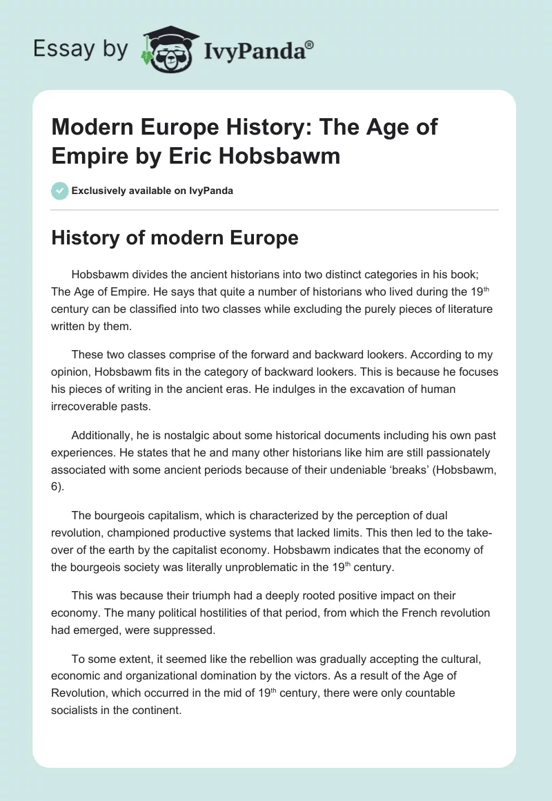 Modern Europe History: "The Age of Empire" by Eric Hobsbawm. Page 1