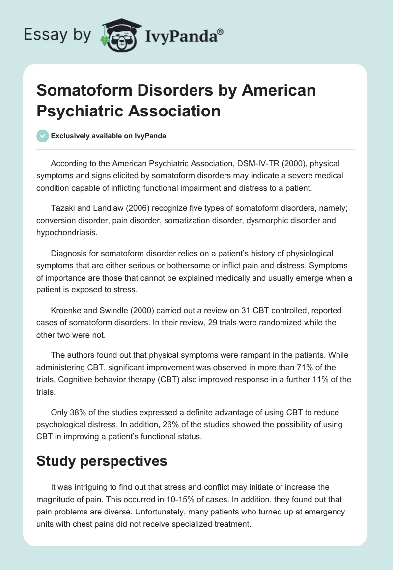 Somatoform Disorders by American Psychiatric Association. Page 1