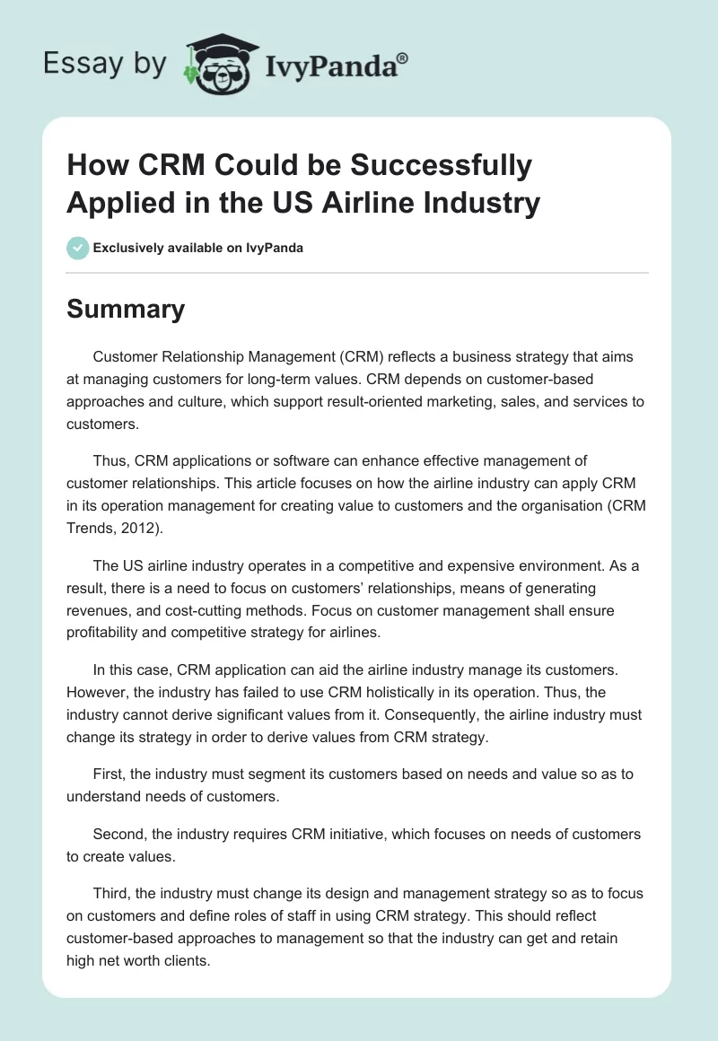 How CRM Could be Successfully Applied in the US Airline Industry. Page 1