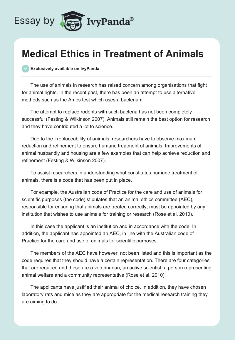 Medical Ethics in Treatment of Animals. Page 1