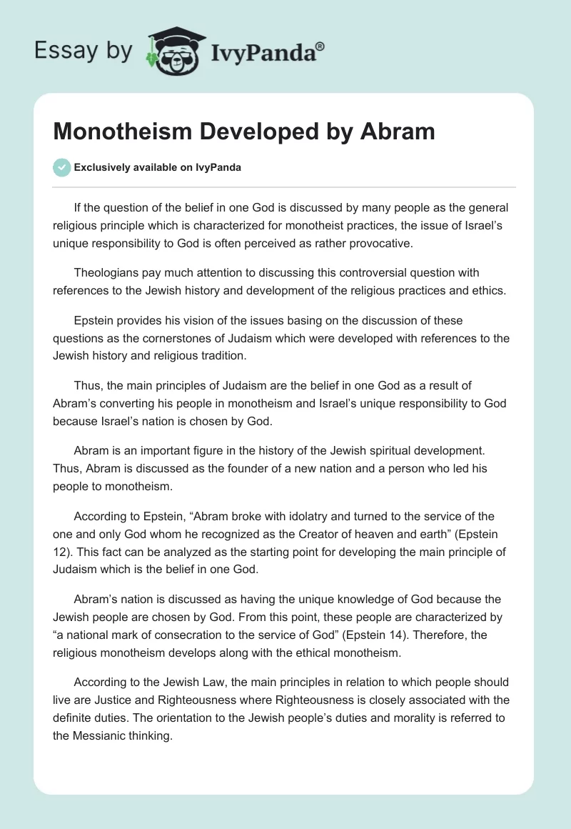 Monotheism Developed by Abram. Page 1