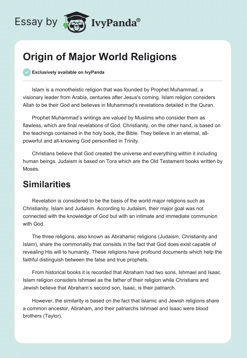 origin of world religions essay