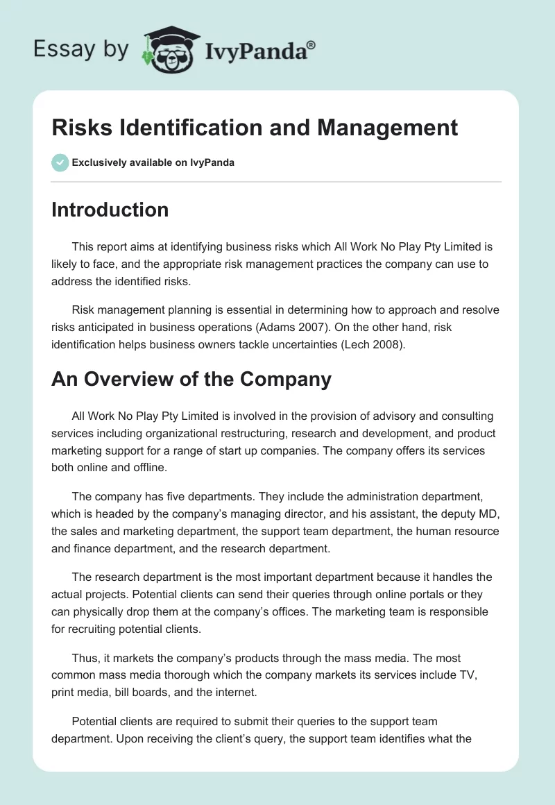 Risks Identification and Management. Page 1