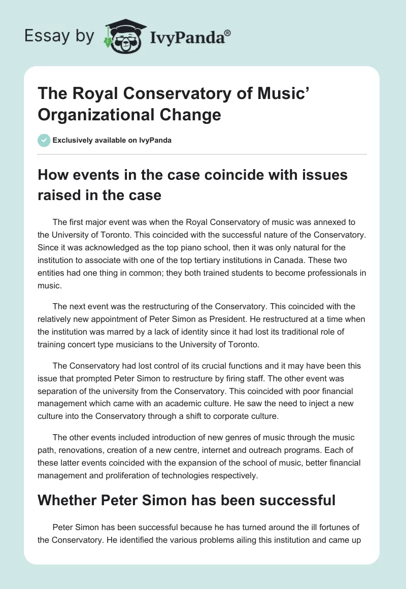 The Royal Conservatory of Music’ Organizational Change. Page 1