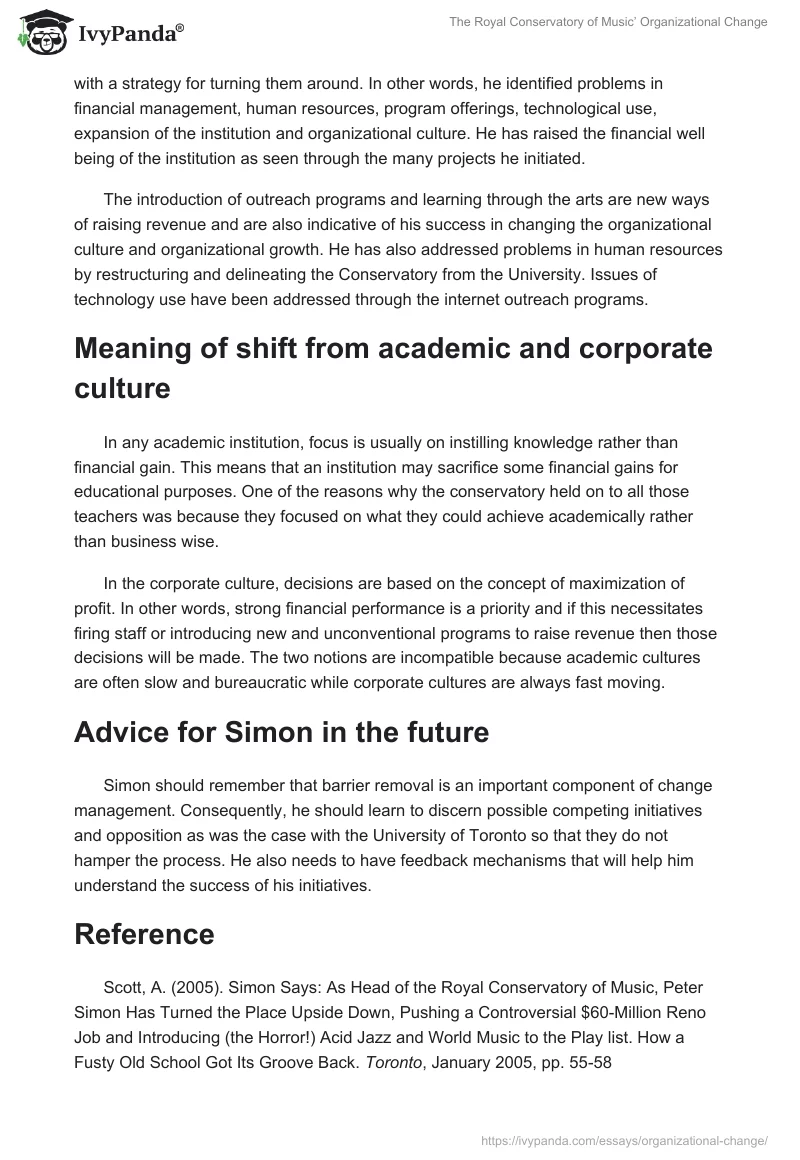 The Royal Conservatory of Music’ Organizational Change. Page 2