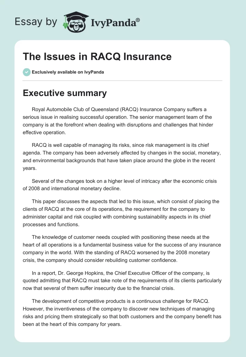 The Issues in RACQ Insurance. Page 1